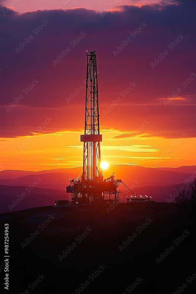 A drilling rig silhouetted against a colorful sunset, highlighting energy extraction.