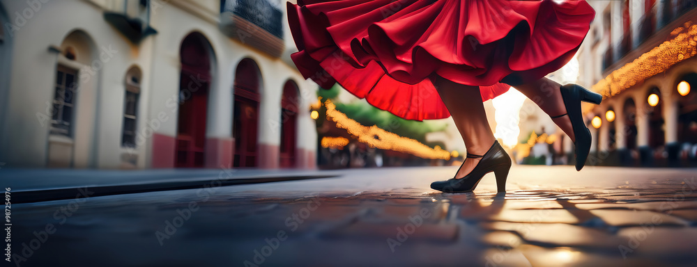 Woman dancing in a red dress on a cobblestone street