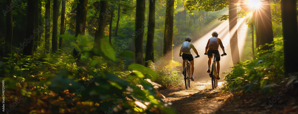 Two cyclists biking through a forest trail in the morning sunlight, with beams of light filtering through the trees.