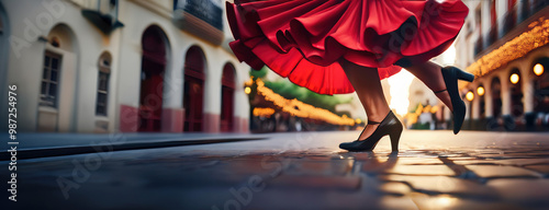 Obraz na płótnie Woman dancing in a red dress on a cobblestone street w salonie