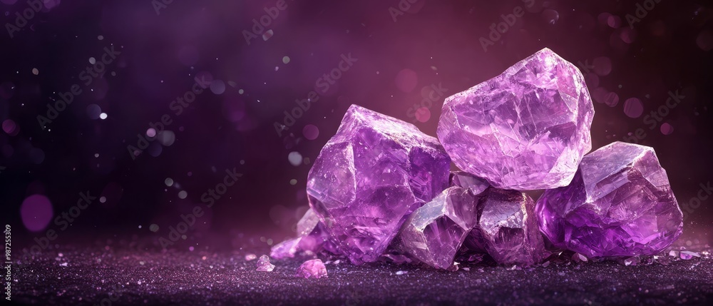 A stack of purple crystals atop a black background Surrounded by a radiating purple light A stack of purple crystals atop a black background Surrounded by a radiating purple light