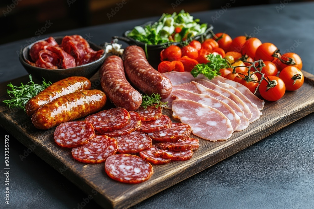 Food tray with delicious salami, pieces of sliced ham, sausage, tomatoes, salad and vegetable - Meat platter with selection - Cutting sausage and cured meat on a celebratory table, ai Food tray with delicious salami, pieces of sliced ham, sausage, tomatoes, salad and vegetable - Meat platter with selection - Cutting sausage and cured meat on a celebratory table, ai