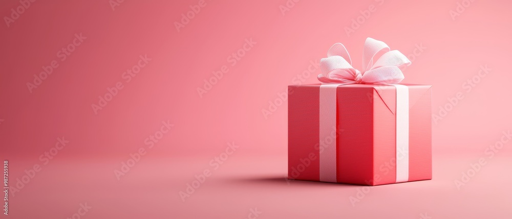 A red gift box with a white ribbon and bow, positioned against a pink background Ample space for text or an accompanying image A red gift box with a white ribbon and bow, positioned against a pink background Ample space for text or an accompanying image