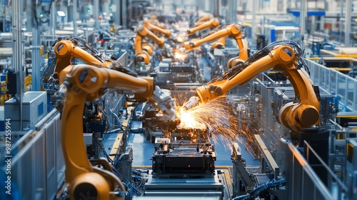 Industrial robots welding a metal part on a conveyor belt in a factory.