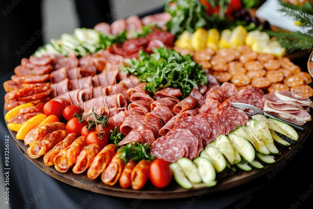 Food tray with delicious salami, pieces of sliced ham, sausage, tomatoes, salad and vegetable - Meat platter with selection - Cutting sausage and cured meat on a celebratory table, ai Food tray with delicious salami, pieces of sliced ham, sausage, tomatoes, salad and vegetable - Meat platter with selection - Cutting sausage and cured meat on a celebratory table, ai