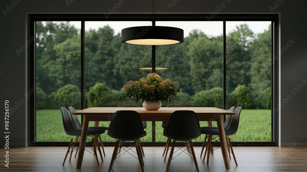 Fototapeta premium A modern dining room featuring a wooden table, stylish chairs, and a large window overlooking lush greenery.
