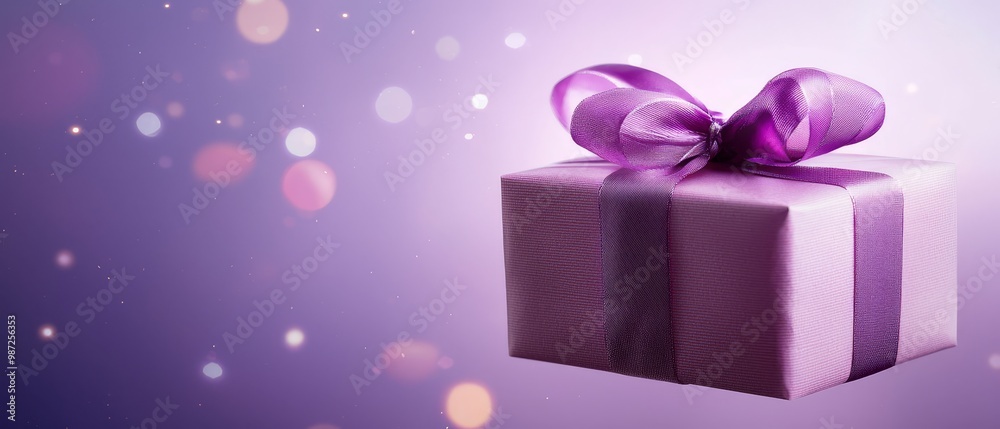 A purple gift box, adorned with a purple ribbon and a purple bow, sits against a deep purple background Surrounding it are strings of twinkling lights A purple gift box, adorned with a purple ribbon and a purple bow, sits against a deep purple background Surrounding it are strings of twinkling lights