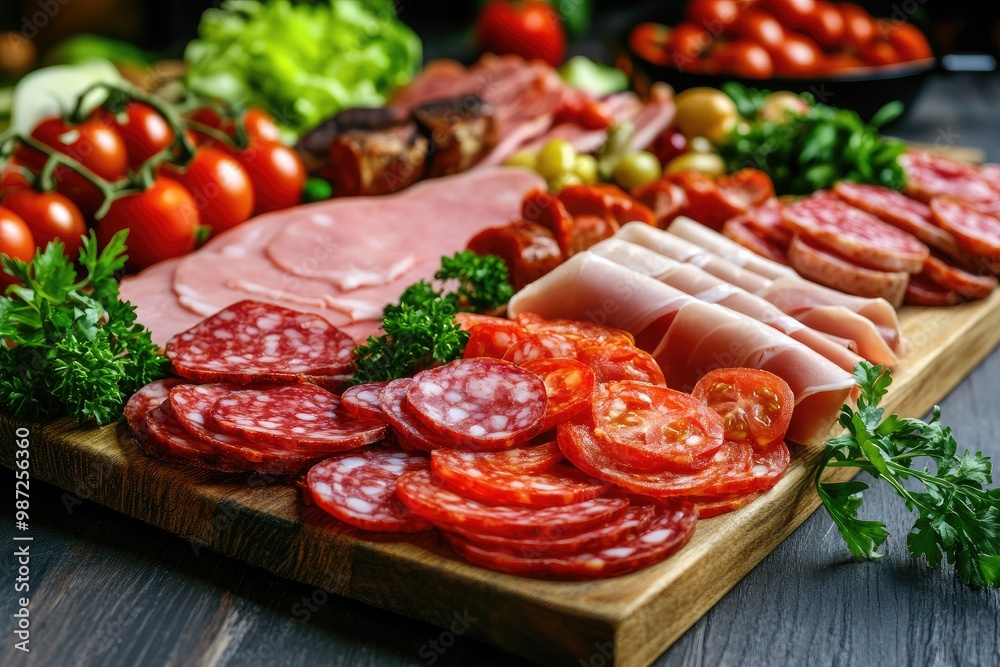 Food tray with delicious salami, pieces of sliced ham, sausage, tomatoes, salad and vegetable - Meat platter with selection - Cutting sausage and cured meat on a celebratory table, ai Food tray with delicious salami, pieces of sliced ham, sausage, tomatoes, salad and vegetable - Meat platter with selection - Cutting sausage and cured meat on a celebratory table, ai