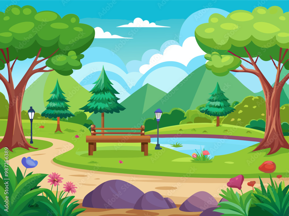 Fototapeta premium Mountain and lake landscape. Cartoon rocky mountains, forest and river scene. Wild nature summer panorama. Hiking adventure vector concept stock illustration