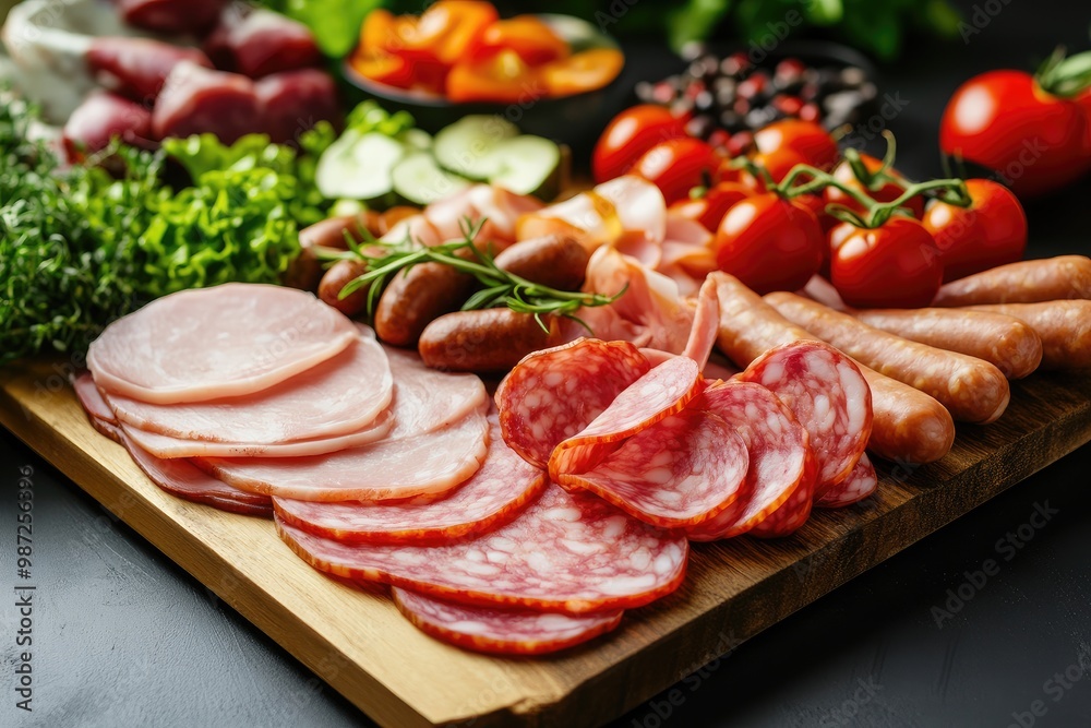 Food tray with delicious salami, pieces of sliced ham, sausage, tomatoes, salad and vegetable - Meat platter with selection - Cutting sausage and cured meat on a celebratory table, ai Food tray with delicious salami, pieces of sliced ham, sausage, tomatoes, salad and vegetable - Meat platter with selection - Cutting sausage and cured meat on a celebratory table, ai