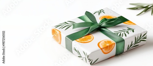  A whitepresent with agreen ribbon and orange slices, surrounded by a green bow, against a white backdrop photo