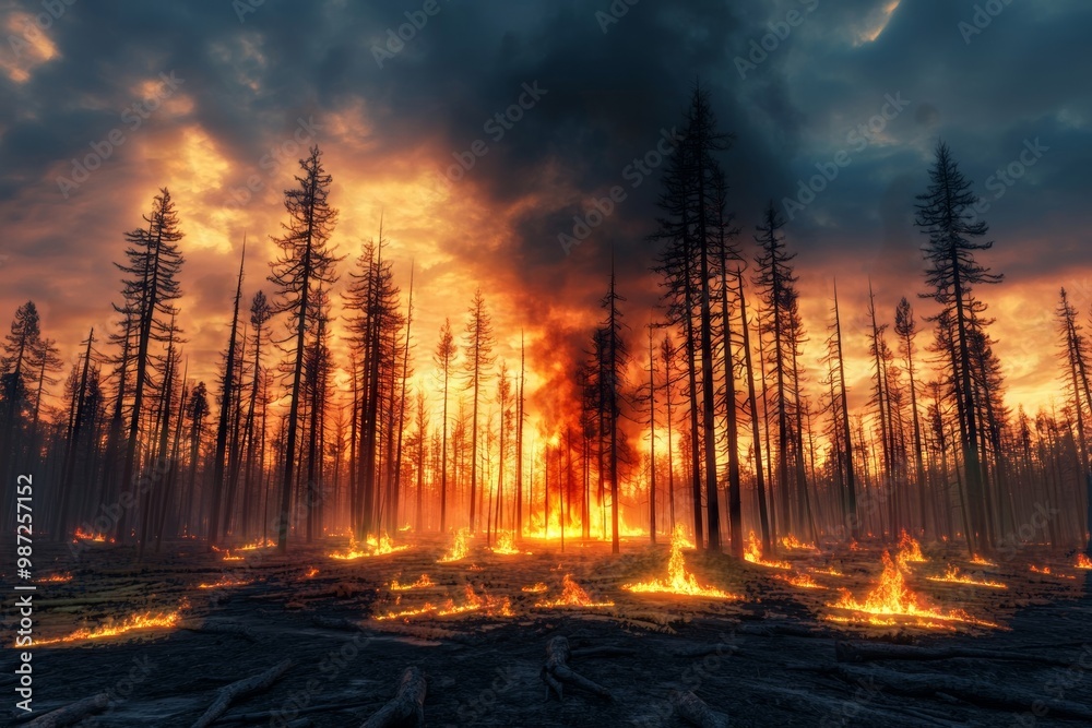 A dramatic forest fire engulfing trees with bright flames against a smoky, twilight sky, illustrating the devastating impact of wildfires. A dramatic forest fire engulfing trees with bright flames against a smoky, twilight sky, illustrating the devastating impact of wildfires.