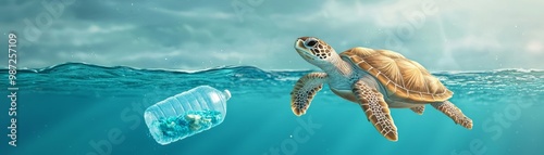 A sea turtle swims near a plastic bottle, highlighting the issue of ocean pollution and its impact on marine life.