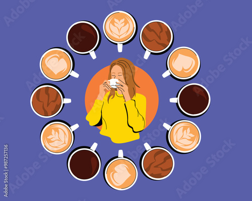 Variety of Coffee and Latte Drink  Female Drinking Coffee Illustrations