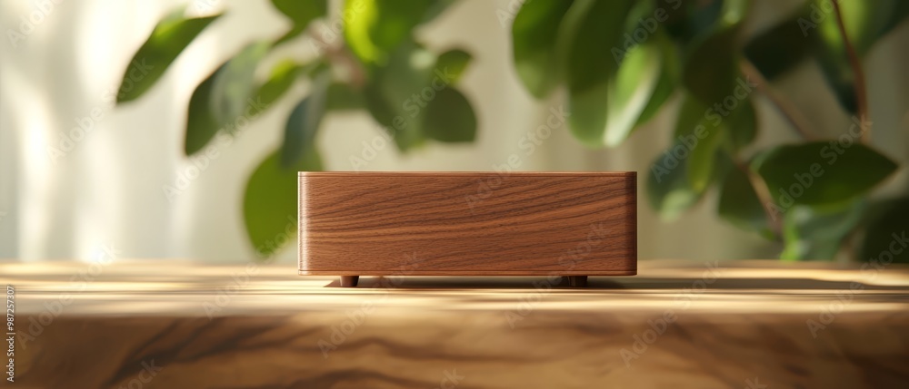A wooden box atop a table, both made of wood Nearby, a potted plant with leafy greens Before a window A wooden box atop a table, both made of wood Nearby, a potted plant with leafy greens Before a window