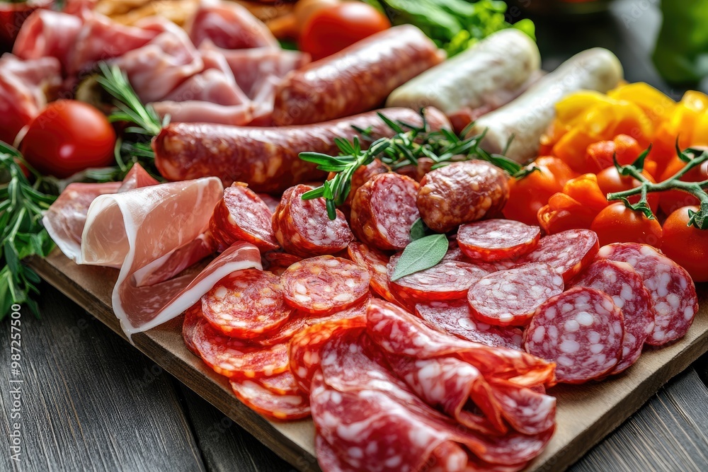 Food tray with delicious salami, pieces of sliced ham, sausage, tomatoes, salad and vegetable - Meat platter with selection - Cutting sausage and cured meat on a celebratory table, ai Food tray with delicious salami, pieces of sliced ham, sausage, tomatoes, salad and vegetable - Meat platter with selection - Cutting sausage and cured meat on a celebratory table, ai