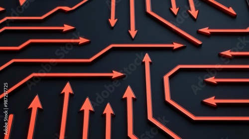 Dynamic, high contrast data flow chart, with glowing arrows and nodes representing information paths on a black background