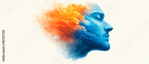  Man's face with colored smoke forming a human head shape against white background