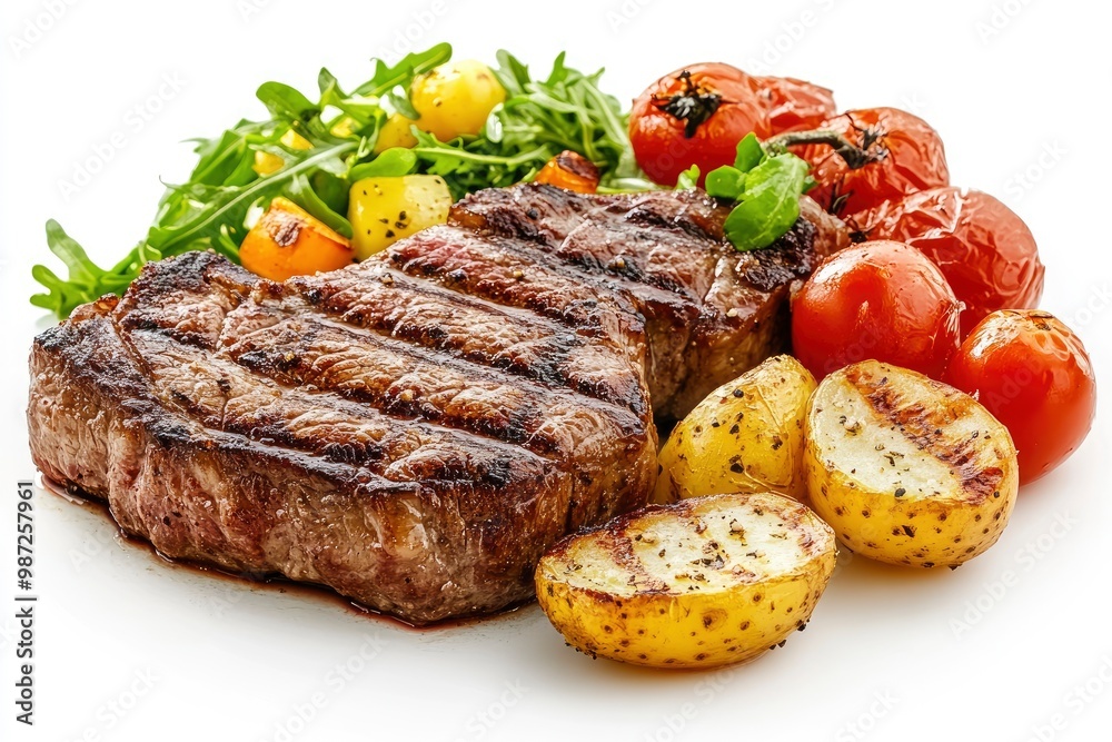 Grilled steaks, boiled potatoes and vegetable salad on white background , ai Grilled steaks, boiled potatoes and vegetable salad on white background , ai