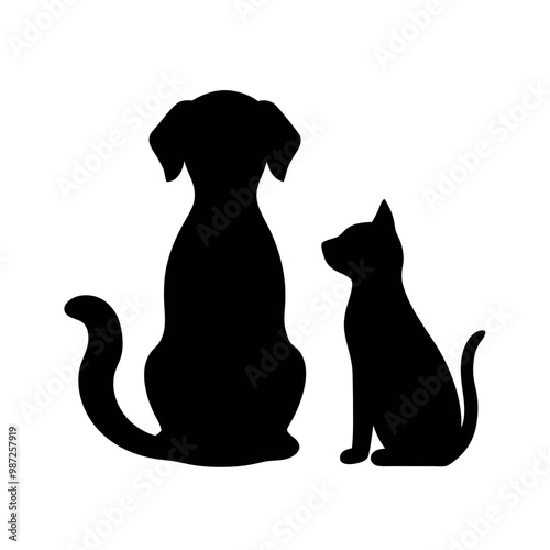 a black silhouette of a dog and a cat sitting side by side. The dog is sitting on its hind legs with its front paws resting on the ground and its tail curled around its body