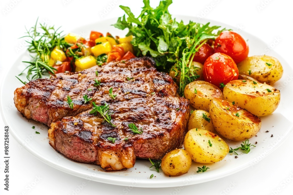 Grilled steaks, boiled potatoes and vegetable salad on white background , ai