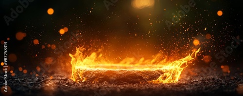 A fire creating a halo effect around a rock podium