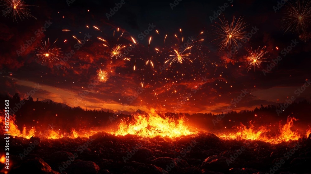 A large fire burning in a pit on a rock podium with fireworks above A large fire burning in a pit on a rock podium with fireworks above