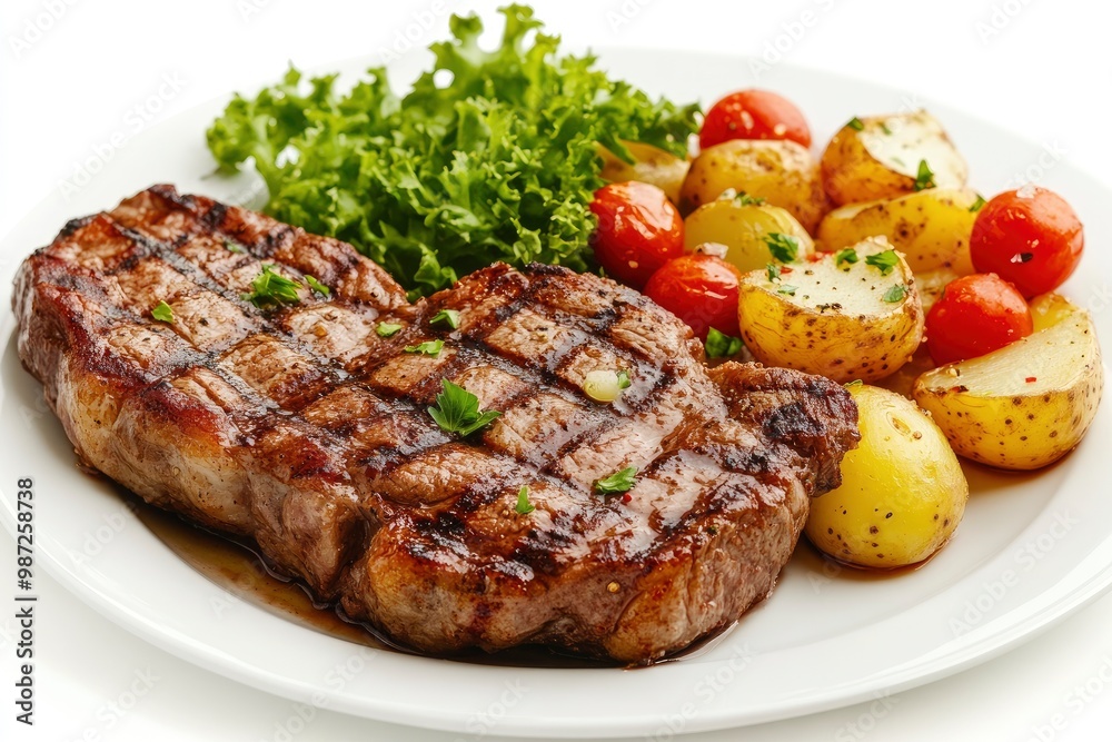 Grilled steaks, boiled potatoes and vegetable salad on white background , ai Grilled steaks, boiled potatoes and vegetable salad on white background , ai