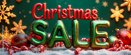 Experience the joyful atmosphere of a Christmas sale adorned with vivid decorations, sparkling ornaments, candy canes, and a snowy backdrop, inviting all to celebrate the season