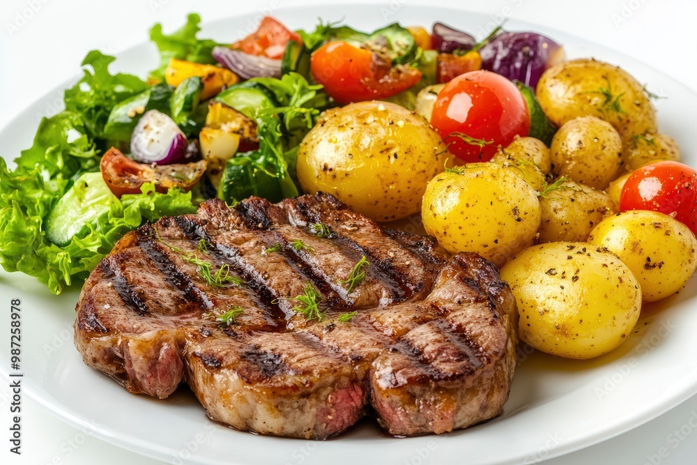 Grilled steaks, boiled potatoes and vegetable salad on white background , ai Grilled steaks, boiled potatoes and vegetable salad on white background , ai