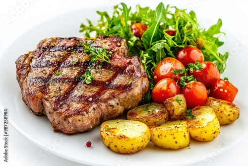 Grilled steaks, boiled potatoes and vegetable salad on white background , ai