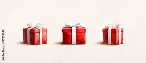  Three gift boxes, each with a red base and white ribbons One has a white bow, another sports a red bow with a white stripe photo