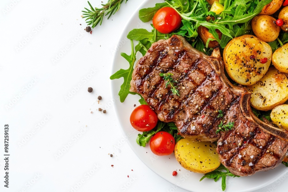 Grilled steaks, boiled potatoes and vegetable salad on white background , ai Grilled steaks, boiled potatoes and vegetable salad on white background , ai