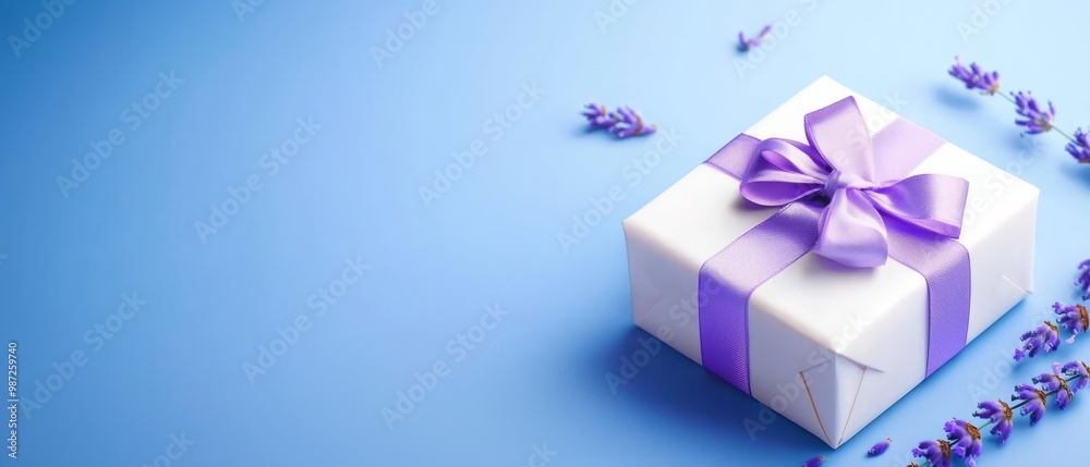 A white gift box, adorned with a purple ribbon and a lavender flower, sits against a tranquil blue backdrop – providing ample room for text inscription A white gift box, adorned with a purple ribbon and a lavender flower, sits against a tranquil blue backdrop – providing ample room for text inscription