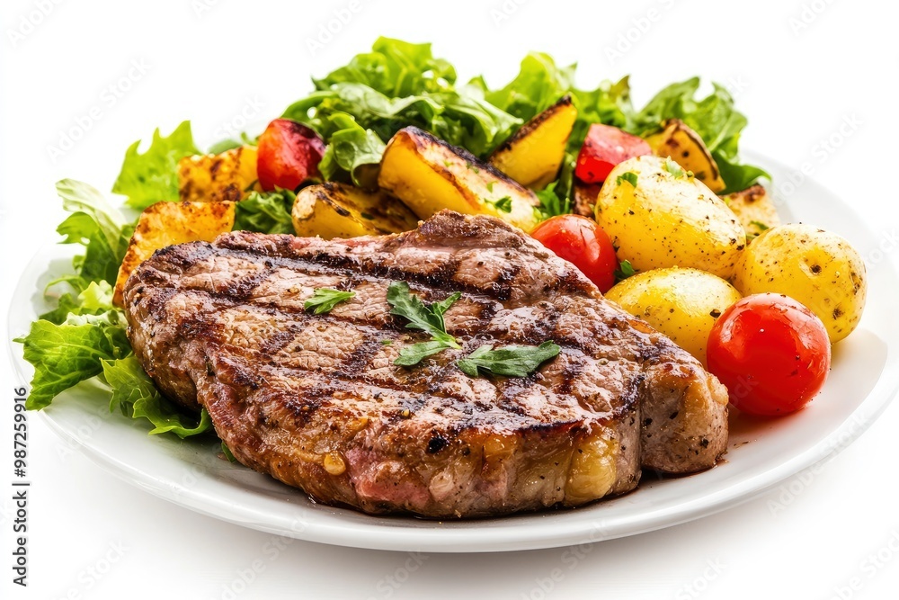 Grilled steaks, boiled potatoes and vegetable salad on white background , ai