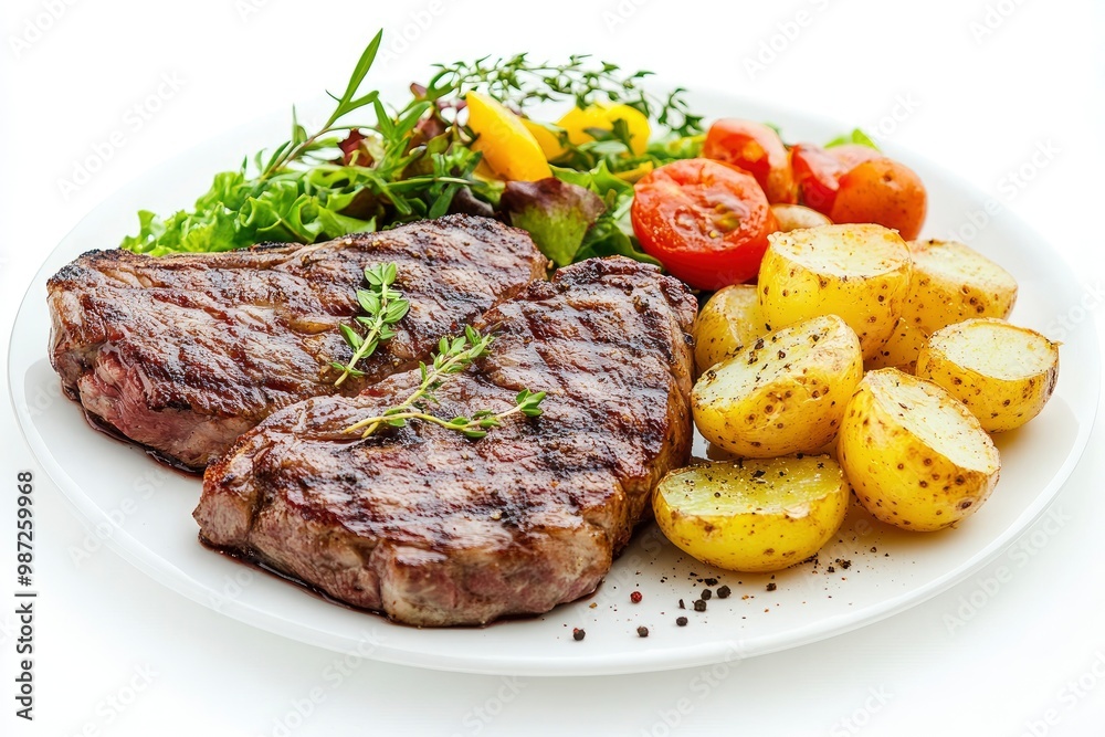 Grilled steaks, boiled potatoes and vegetable salad on white background , ai Grilled steaks, boiled potatoes and vegetable salad on white background , ai
