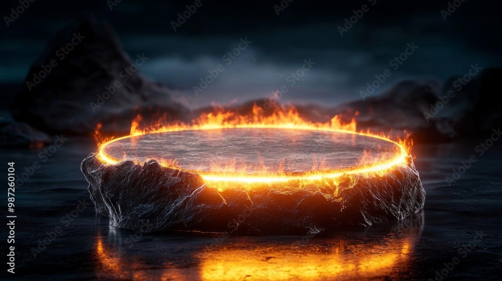 Fototapeta premium A rock podium with fire effects for a dramatic performance