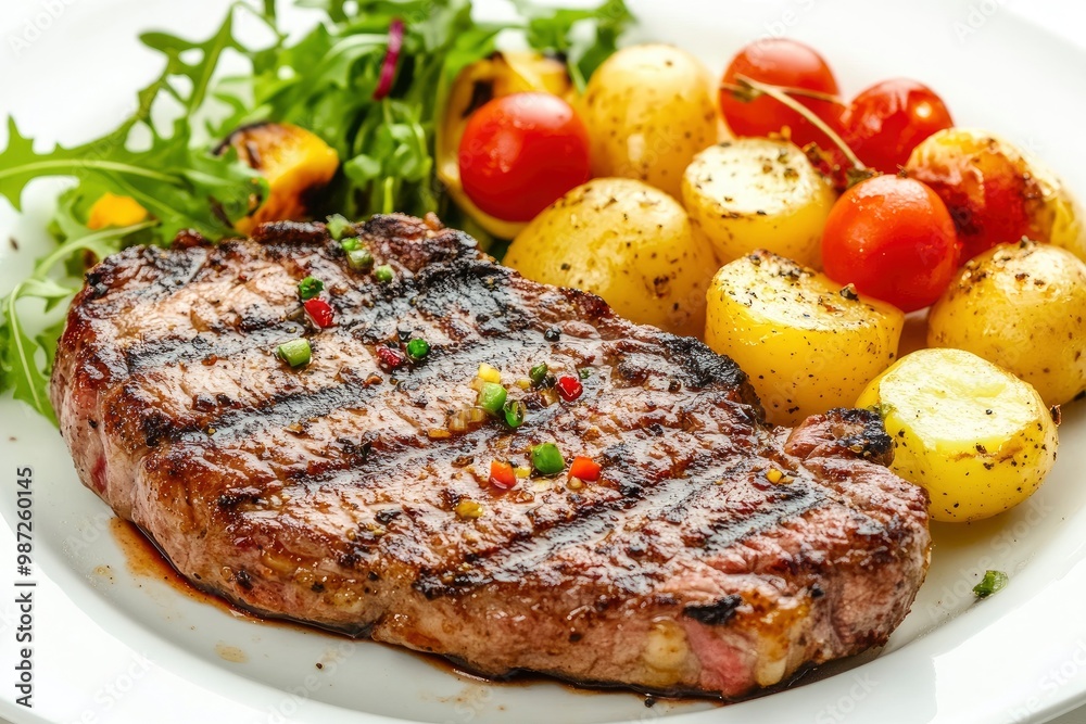 Grilled steaks, boiled potatoes and vegetable salad on white background , ai Grilled steaks, boiled potatoes and vegetable salad on white background , ai