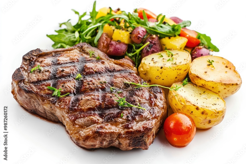 Grilled steaks, boiled potatoes and vegetable salad on white background , ai