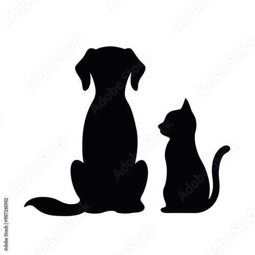 a black silhouette of a dog and a cat sitting side by side. The dog is sitting on its hind legs with its front paws resting on the ground and its tail curled around its body