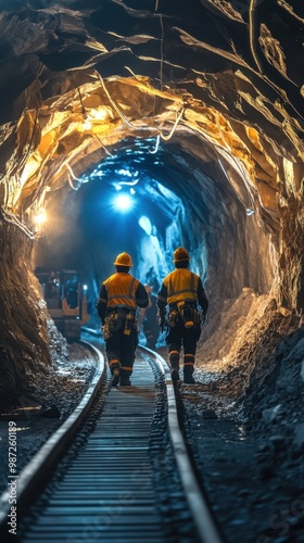 Underground gold mining tunnel, workers in protective gear drilling into rock walls, golden veins shimmering under industrial lights, conveyor belts transporting ore