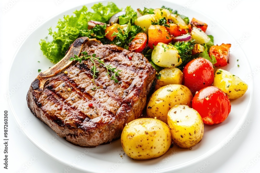 Grilled steaks, boiled potatoes and vegetable salad on white background , ai Grilled steaks, boiled potatoes and vegetable salad on white background , ai
