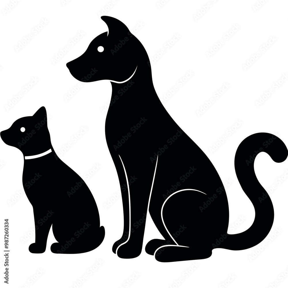 a black silhouette of a dog and a cat sitting side by side. The dog is sitting on its hind legs with its front paws resting on the ground and its tail curled around its body a black silhouette of a dog and a cat sitting side by side. The dog is sitting on its hind legs with its front paws resting on the ground and its tail curled around its body