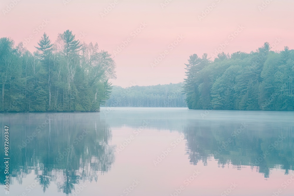Fototapeta premium Serene lake at dawn with mist and reflections of trees.
