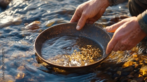 Close-up of gold panning in a river, swirling water reflecting sunlight, miner hands holding the pan, fine particles of gold appearing in the gravel