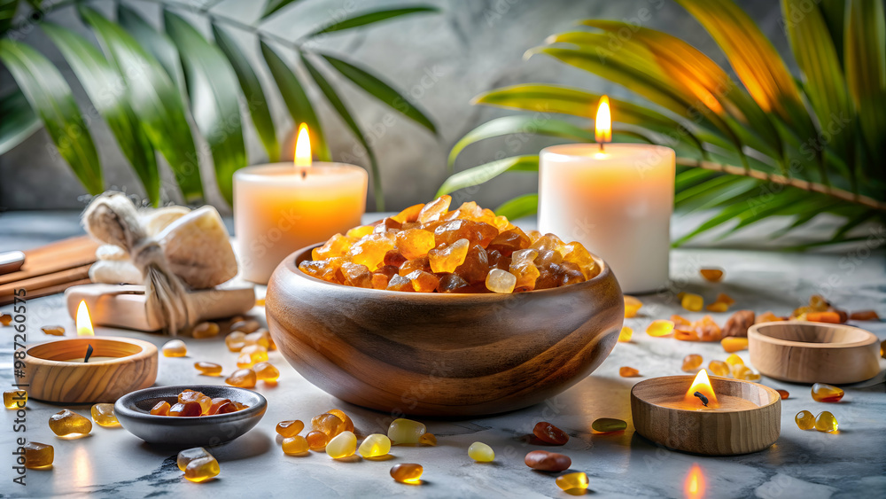 Spa setting with candles, stones, and a bowl of amber stones on a marble surface for relaxation , spa, relaxation, candles, stones Spa setting with candles, stones, and a bowl of amber stones on a marble surface for relaxation , spa, relaxation, candles, stones