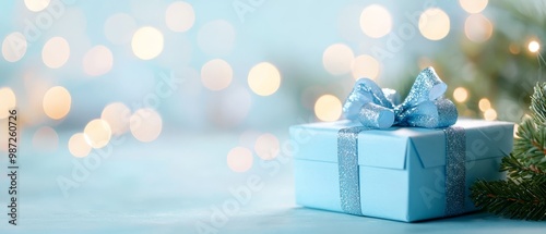  A blue gift box with a blue ribbon A Christmas tree nearby, background blurred by twinkling holiday lights