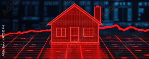 Red house conceptual graphic on digital background representing real estate trends.