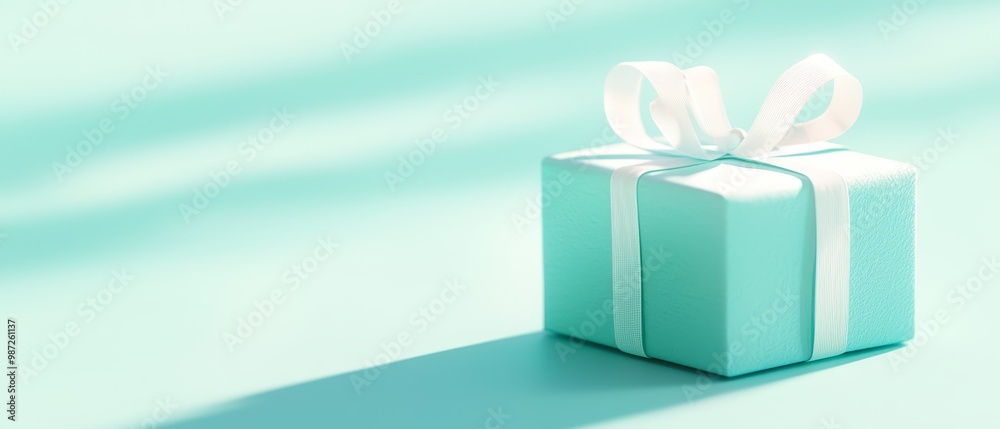 A light blue background features a blue gift box with a white ribbon and a bow atop it A light blue background features a blue gift box with a white ribbon and a bow atop it