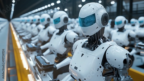 Row of white robots with blue screens in a factory setting.